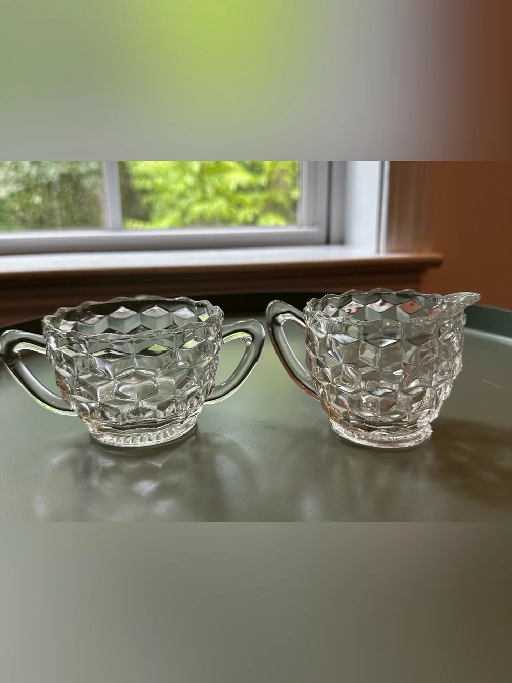 Vintage geometric cream and sugar glass set